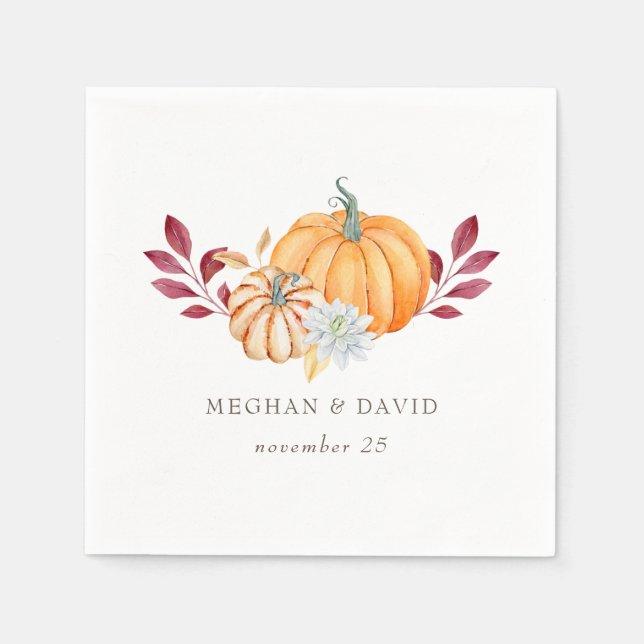 Rustic Watercolor Orange Pumpkins Fall Wedding Napkin (Front)