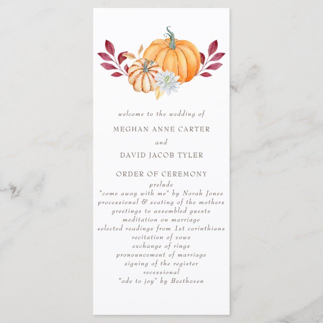 Rustic Watercolor Orange Pumpkins Fall Wedding Programme (Front)