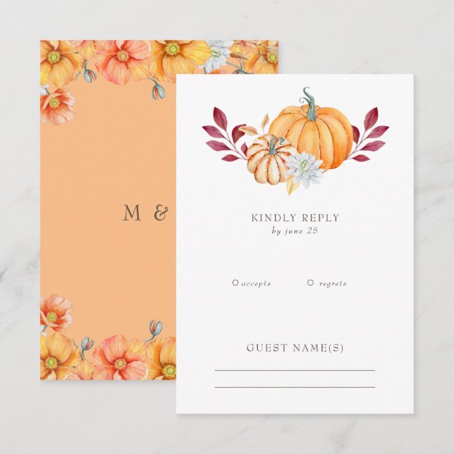 Rustic Watercolor Orange Pumpkins Fall Wedding RSVP Card (Front/Back)