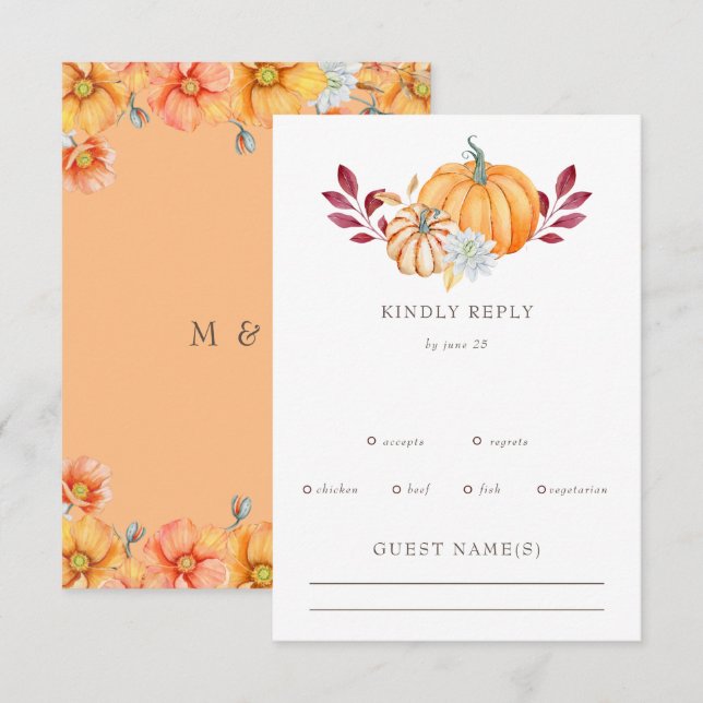 Rustic Watercolor Orange Pumpkins Fall Wedding RSVP Card (Front/Back)