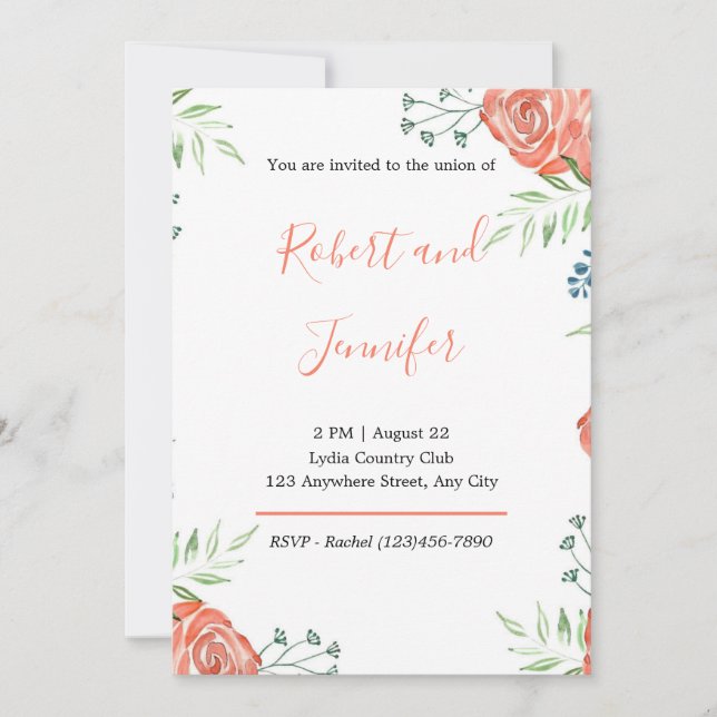 Rustic Watercolor Orange Roses Wedding Invitation (Front)