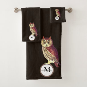 Rustic Watercolor Owl Monogram Name Brown Bath Towel Set