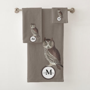 Rustic Watercolor Owl Monogram Name Brown/Grey Bath Towel Set