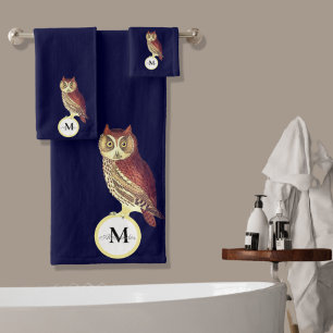 Rustic Watercolor Owl Monogram Name Navy Blue Bath Towel Set