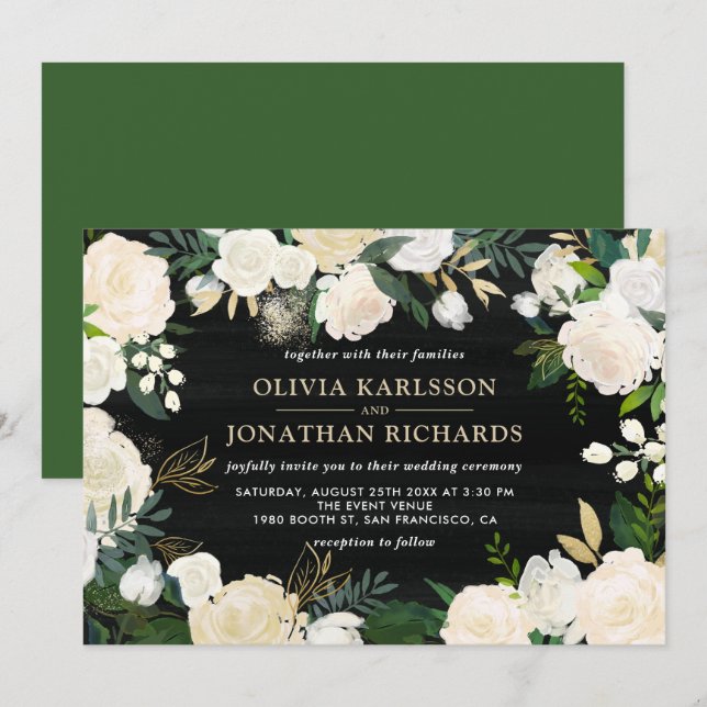 Rustic Watercolor Pale Peonies Gold Accent Wedding Invitation (Front/Back)