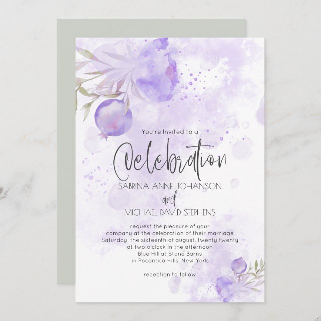 Rustic Watercolor Pale Purple Rose and Rose Hip Invitation (Front/Back)