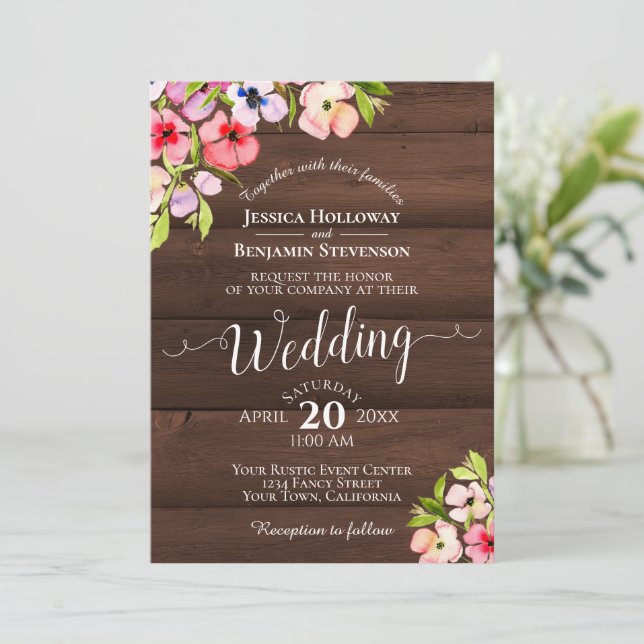 Rustic Watercolor Pansies on Barn Wood Wedding Invitation (Standing Front)