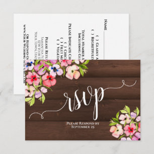 Rustic Watercolor Pansies on Barn Wood Wedding RSVP Card