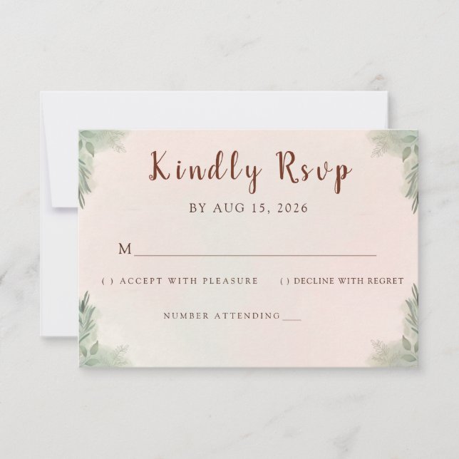 Rustic Watercolor Peach and Green Minimal Wedding RSVP Card (Front)