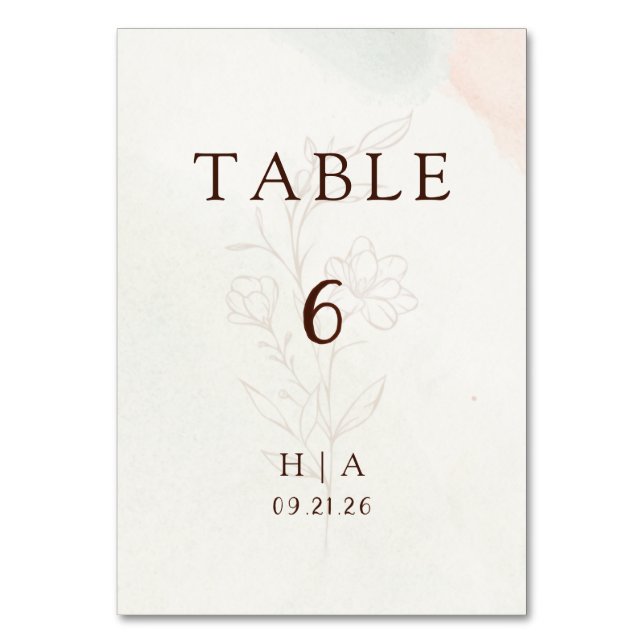 Rustic Watercolor Peach and Green Minimal Wedding Table Number (Front)