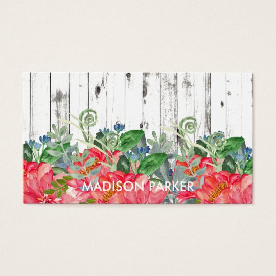 Rustic Watercolor Peonies on Distressed White Wood Business Card