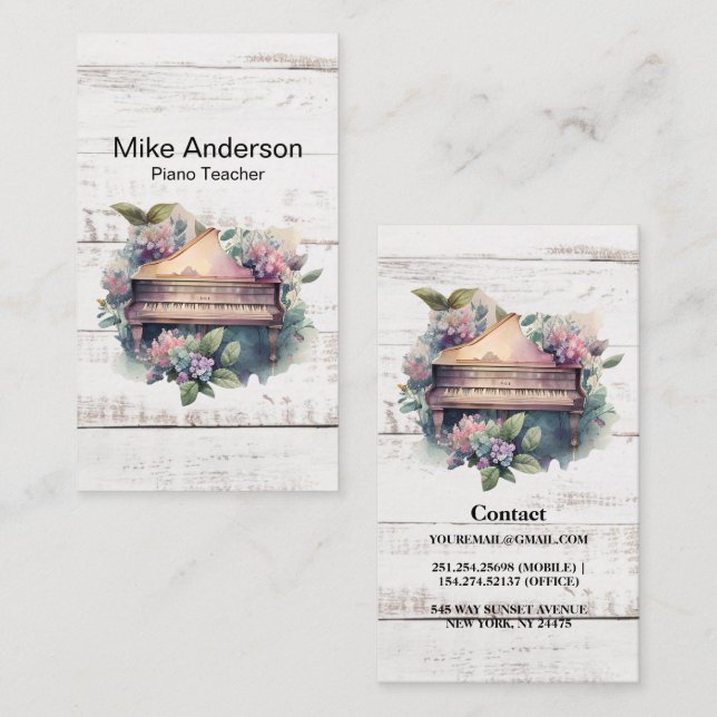 Rustic Watercolor Piano Teacher Business Card (Front/Back)