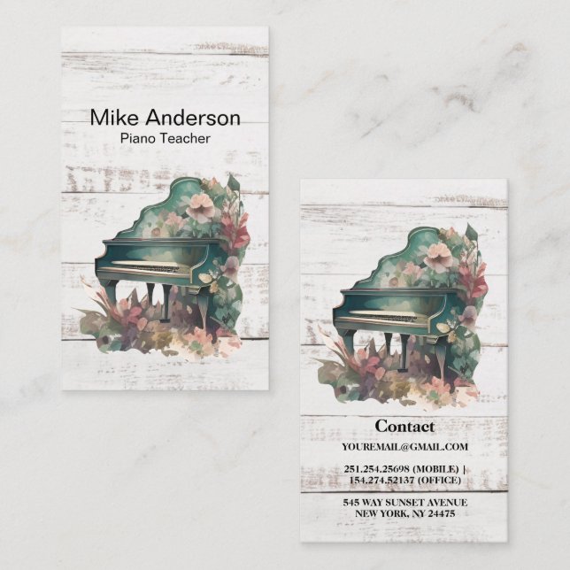 Rustic Watercolor Piano Teacher Business Card (Front/Back)