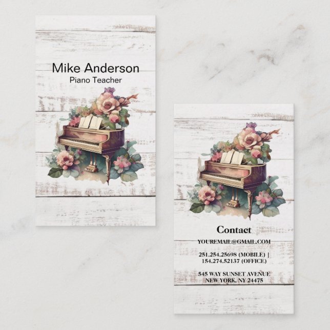 Rustic Watercolor Piano Teacher Business Card (Front/Back)
