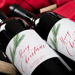 Rustic watercolor pine bough Christmas red white Wine Label