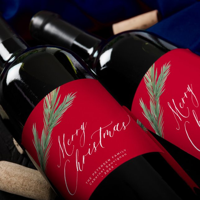 Rustic watercolor pine bough Christmas red Wine Label (Creator Uploaded)