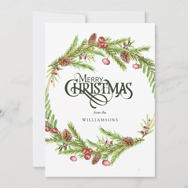 Rustic Watercolor Pine Cone Green Wreath  Holiday Card (Front)