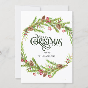 Rustic Watercolor Pine Cone Green Wreath Holiday Card