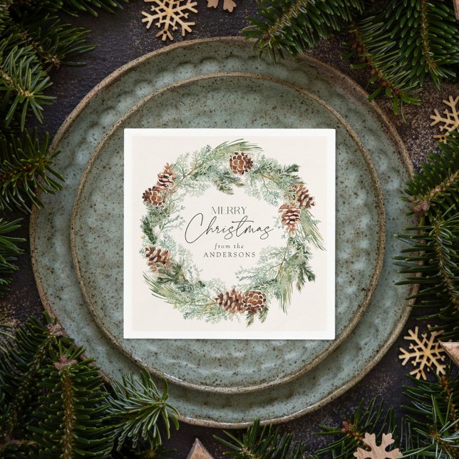 Rustic Watercolor Pine Cone Wreath Merry Christmas Napkin (Creator Uploaded)