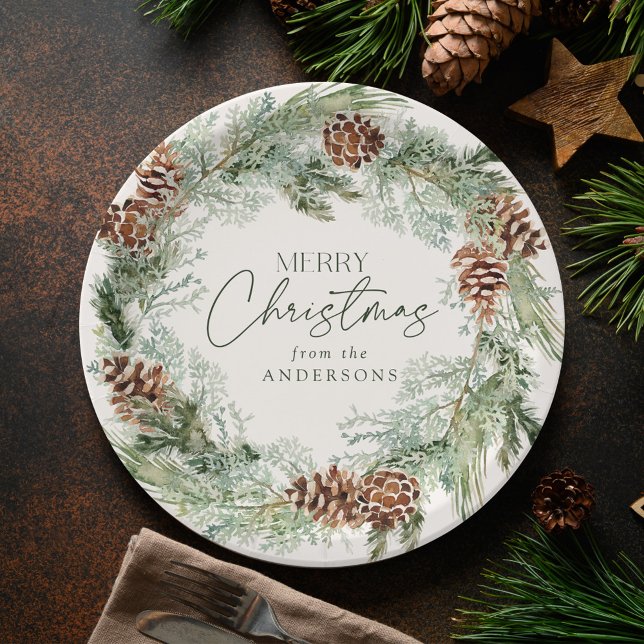 Rustic Watercolor Pine Cone Wreath Merry Christmas Paper Plate (Creator Uploaded)