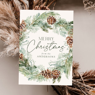 Rustic Watercolor Pine Cone Wreath Non-Photo Holiday Card