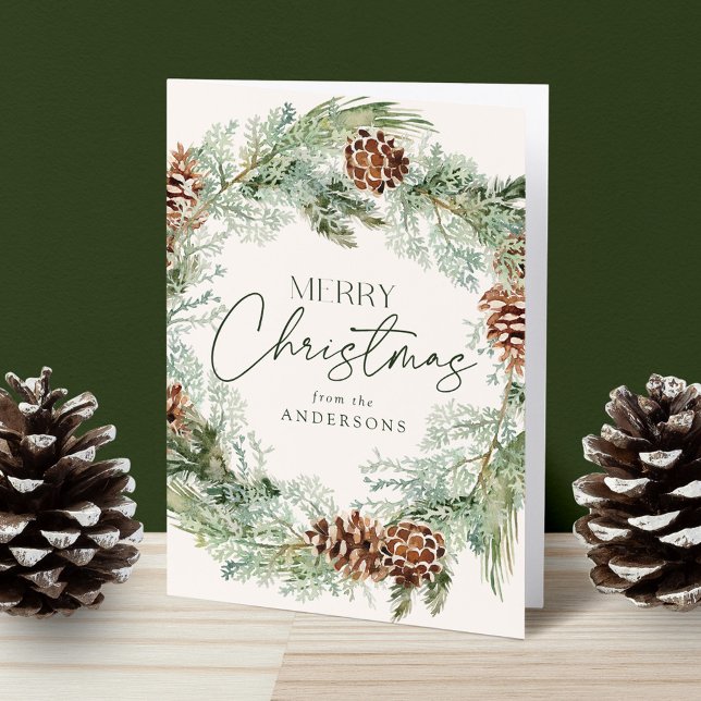 Rustic Watercolor Pine Cone Wreath Non-Photo Holiday Card (Creator Uploaded)