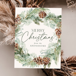 Rustic Watercolor Pine Cone Wreath Non-Photo Holiday Postcard