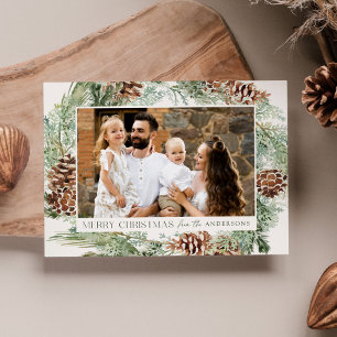 Rustic Watercolor Pine Cone Wreath Photo Holiday Card
