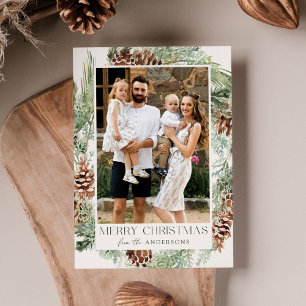 Rustic Watercolor Pine Cone Wreath Photo Holiday Card