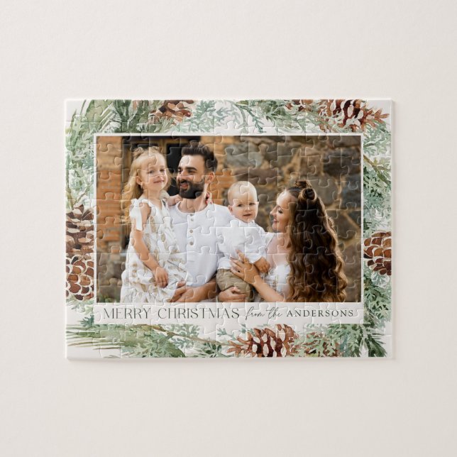 Rustic Watercolor Pine Cone Wreath Photo Jigsaw Puzzle (Horizontal)