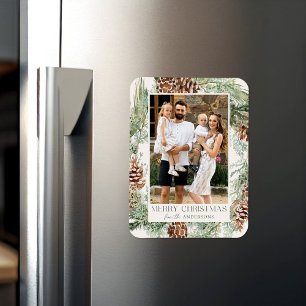 Rustic Watercolor Pine Cone Wreath Photo Magnet