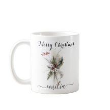 Rustic Watercolor Pine Floral Merry Christmas Name