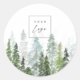 Rustic Watercolor Pine Forest Custom Logo Classic Round Sticker