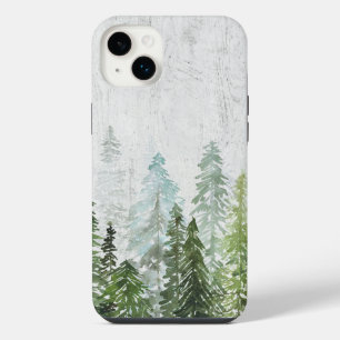Rustic Watercolor Pine Forest on Wood Textured iPhone 14 Plus Case