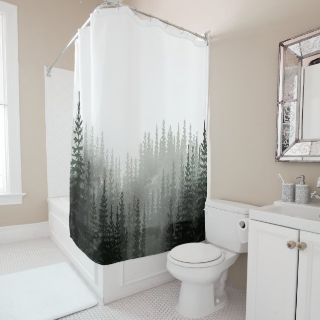 Rustic Watercolor Pine Forest Shower Curtain (In Situ)