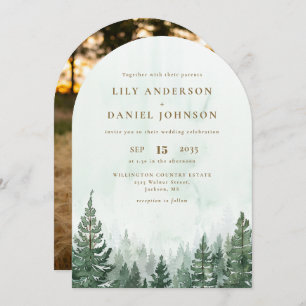 Rustic Watercolor Pine Forest Wedding Arch Photo Invitation