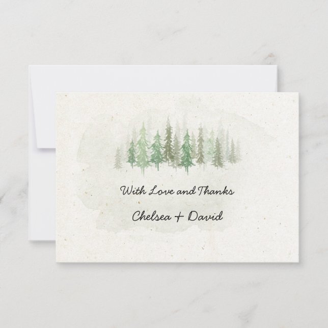 Rustic Watercolor Pine Forest Wedding Thank You (Front)