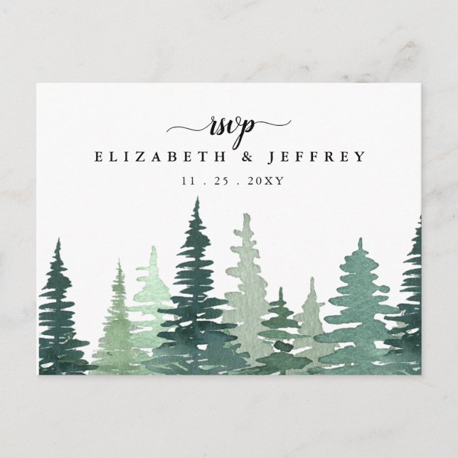 Rustic Watercolor Pine Forest Winter RSVP   Invitation Postcard (Front)