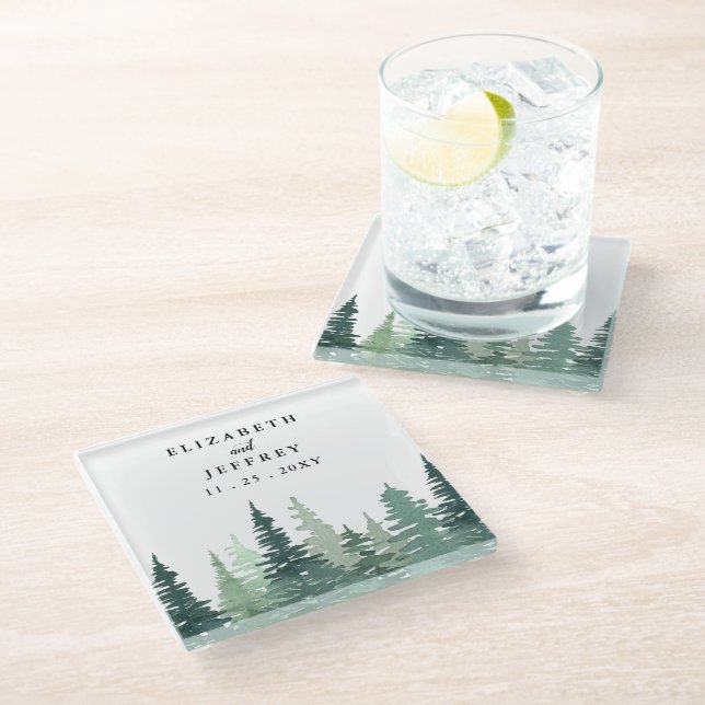 Rustic Watercolor Pine Forest Winter Wedding  Glass Coaster (Angled)