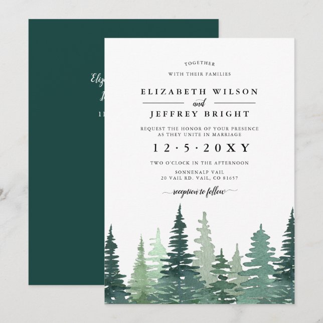 Rustic Watercolor Pine Forest Winter Wedding   Inv Invitation (Front/Back)