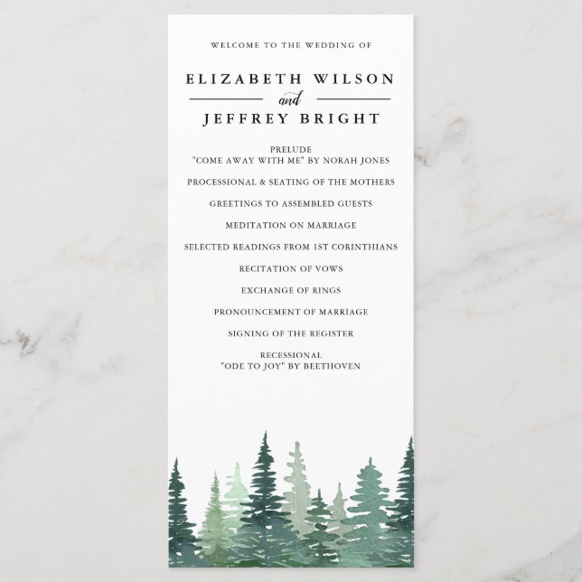 Rustic Watercolor Pine Forest Winter Wedding  Programme (Front)