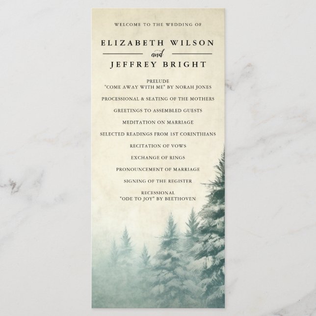 Rustic Watercolor Pine Forest Winter Wedding  Programme (Front)
