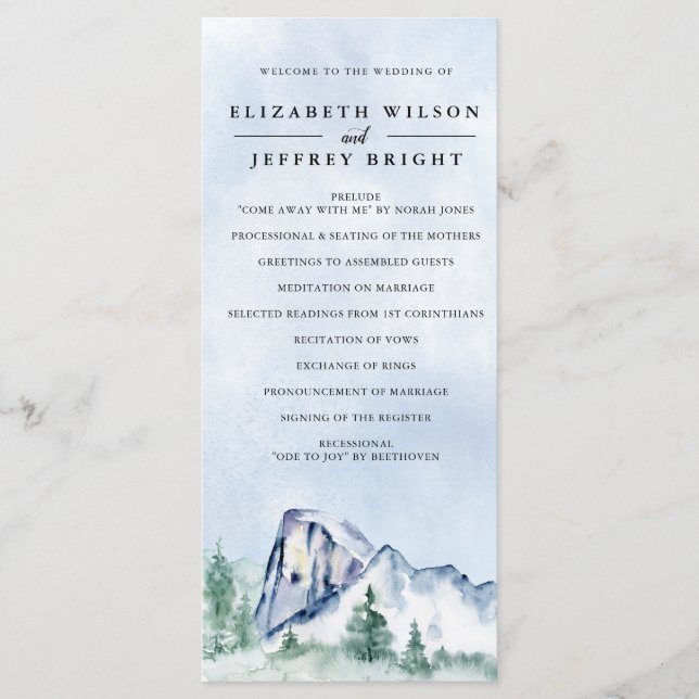 Rustic Watercolor Pine Forest Winter Wedding  Programme (Front)