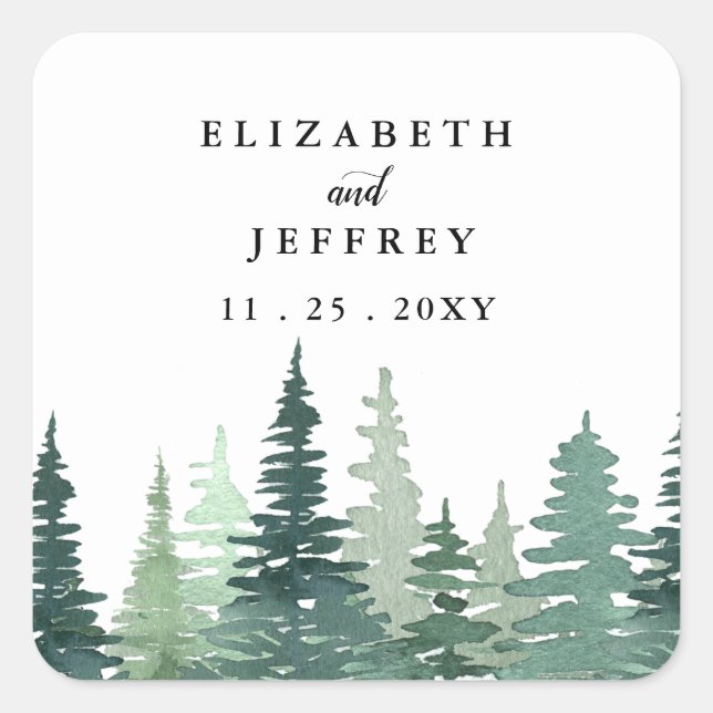 Rustic Watercolor Pine Forest Winter Wedding  Square Sticker (Front)