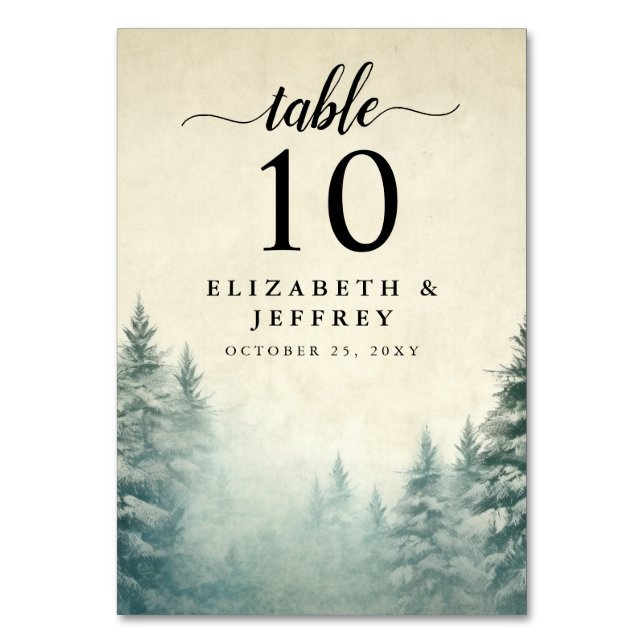Rustic Watercolor Pine Forest Winter Wedding  Table Number (Front)