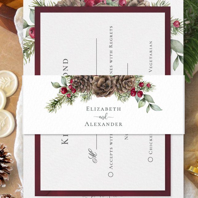 Rustic Watercolor Pine Greenery Christmas Wedding Invitation Belly Band (Creator Uploaded)