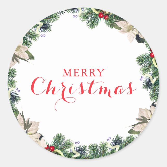 Rustic Watercolor Pine  Merry Christmas Classic Round Sticker (Front)