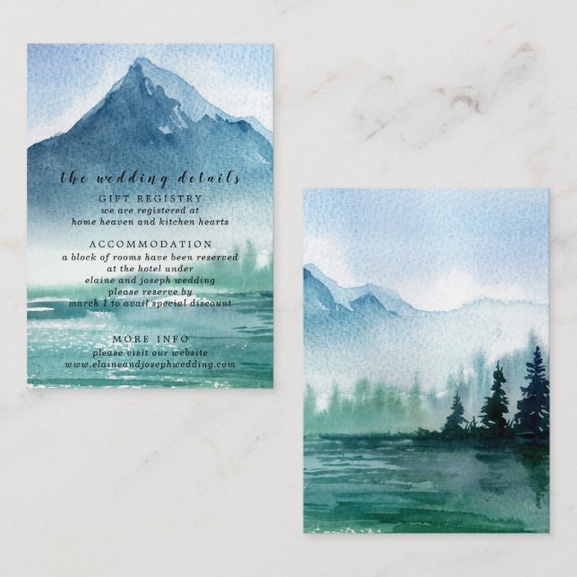 Rustic Watercolor Pine Mountains Lake Wedding Enclosure Card (Front/Back)