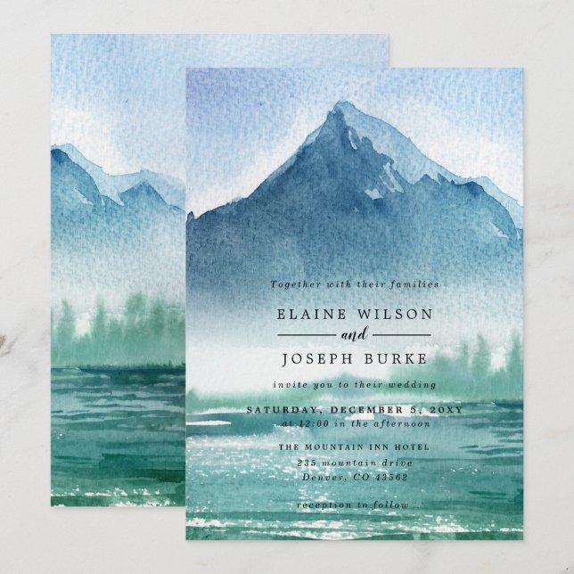 Rustic Watercolor Pine Mountains Lake Wedding Invitation (Front/Back)