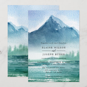 Rustic Watercolor Pine Mountains Lake Wedding Invitation